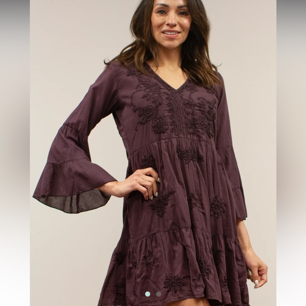 Kyla Seo Ula Bell Sleeve Embroidered Cotton Whimsigoth Mini Dress - Oxblood - Picture 2 of 14